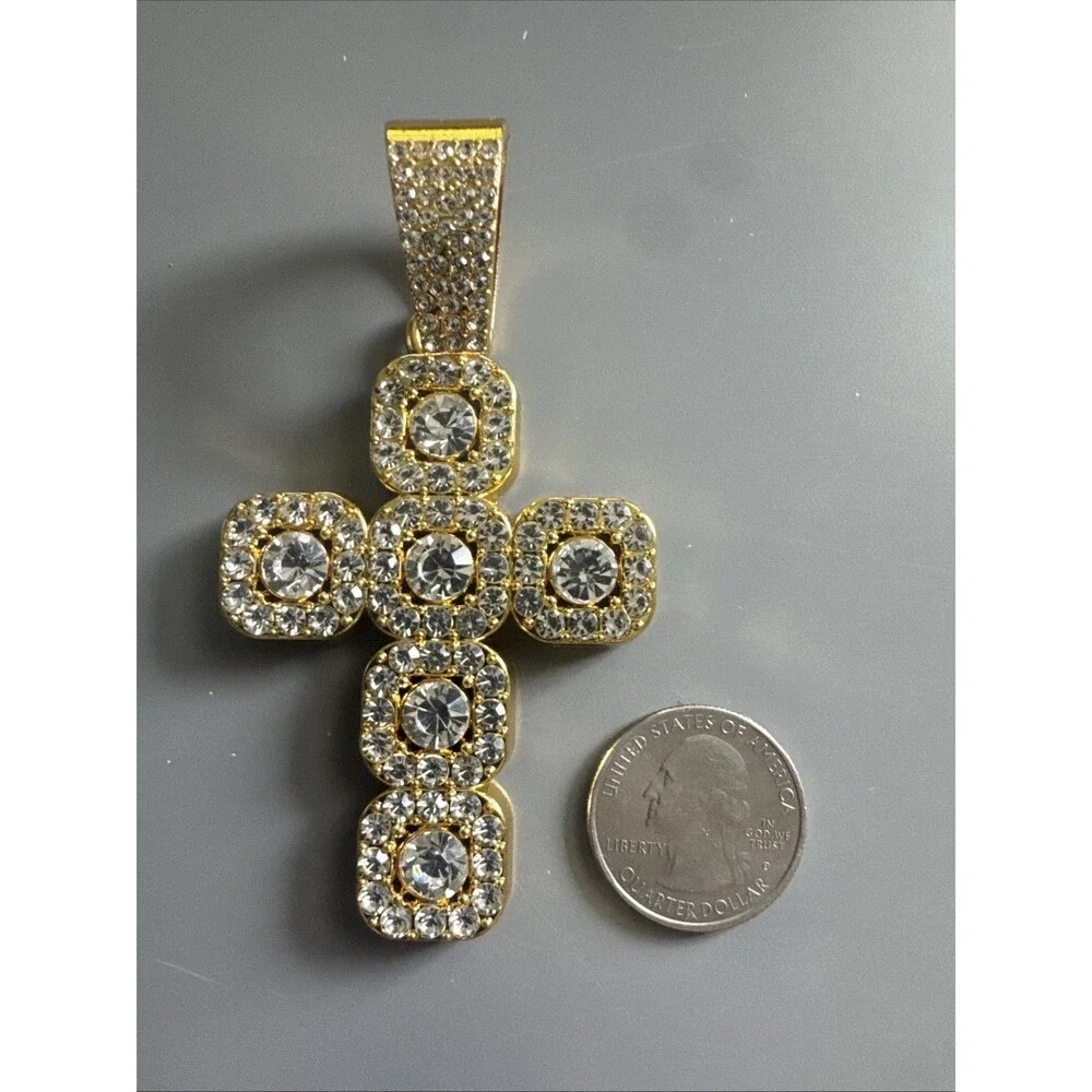 Gold Plated Cross Pendant Cubic Zirconia 24 Inch Necklace Unisex Hip Hop Gift